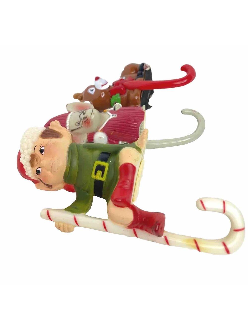 Vintage JSNY Christmas Elf, Reindeer Mouse Stocking Hanger 4” Plastic
